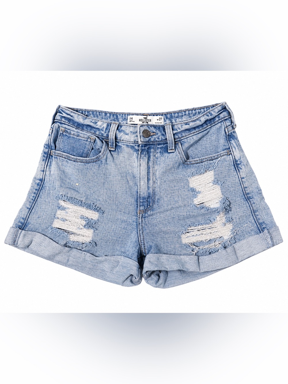 Hollister Light Blue Ripped Denim Roll-Hem Shorts - Women's
